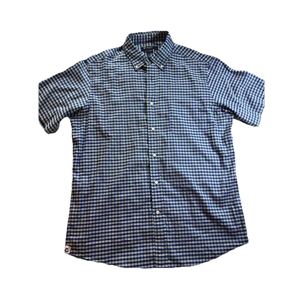 Cremieux Men Shirt Large Button Supima Cotton Short Sleeve Plaid Blue Green